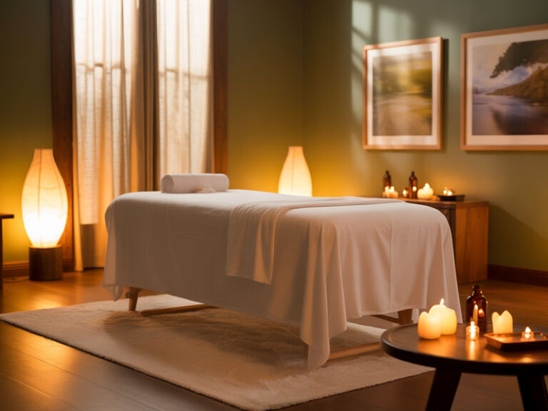 A massage table covered with a white sheet is in a softly lit room with candles, lamps, and framed pictures on the walls.