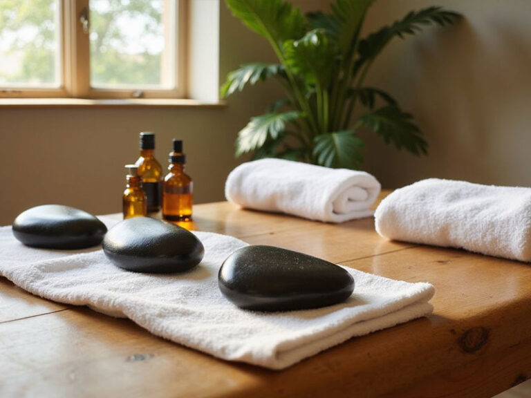 A wooden table with two white towels, three black massage stones, and three amber glass bottles, set near a window and a green plant.