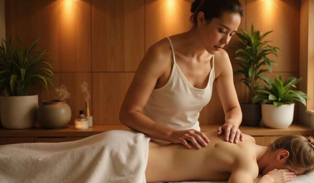 A massage therapist gives a back massage to a person lying face down on a table in a spa setting with warm lighting and potted plants.