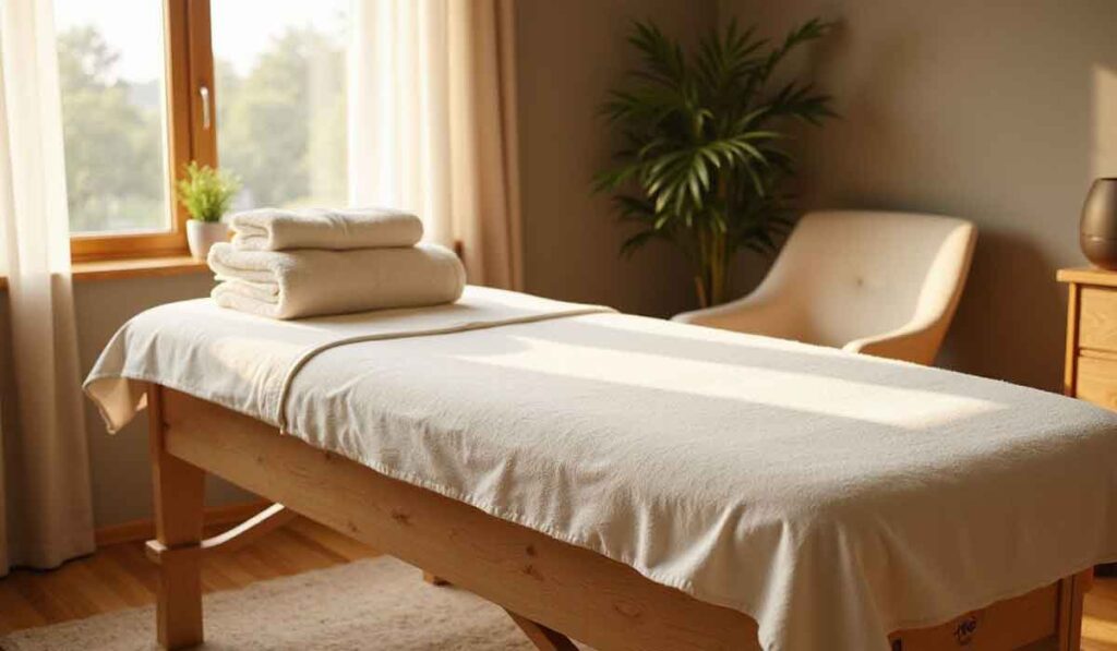 A massage table with neatly folded towels is set in a bright, softly lit room with a chair, potted plant, and window.