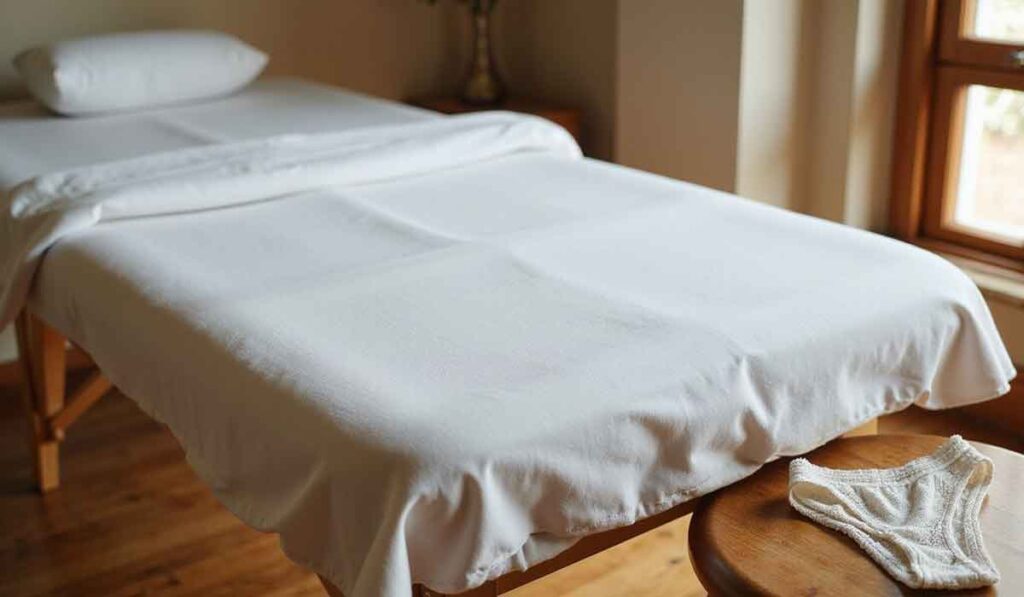 A massage table covered with white sheets is positioned near a window; a folded pair of white disposable underwear rests on a small wooden stool beside it.