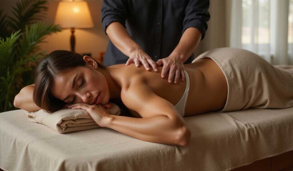 A woman lies on a massage table with a towel, receiving a back massage from a therapist in a softly lit room.