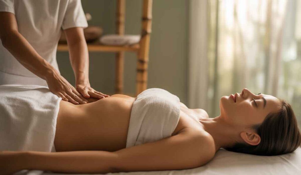 A woman lying on a massage table receives an abdominal massage from a therapist in a spa setting.