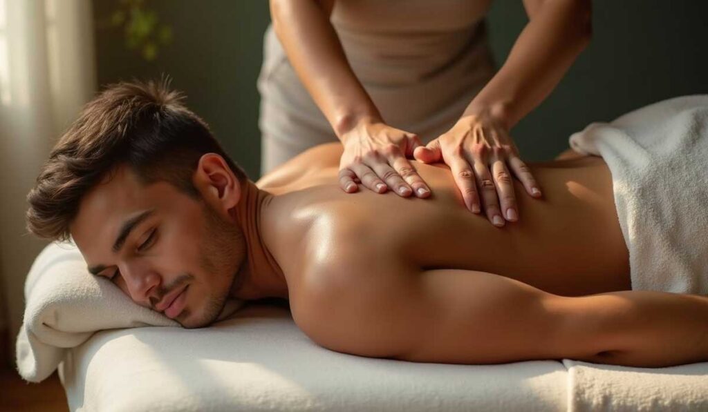 A man lies face down on a massage table with his eyes closed while a person massages his upper back in a softly lit room.