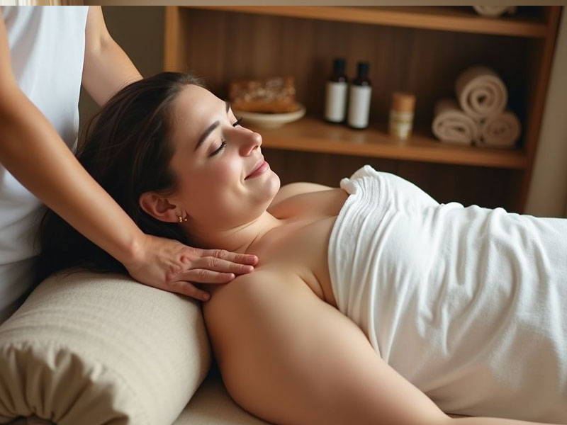 A woman wrapped in a towel receives a shoulder massage in a spa setting with shelves holding towels and bottles in the background.