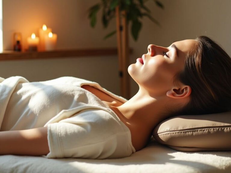 A woman lies on her back with eyes closed, resting on a pillow in a softly lit room with candles in the background.