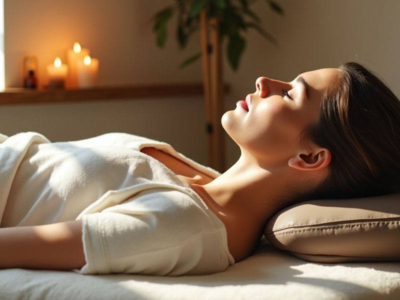 A woman lies on her back with eyes closed, resting on a pillow in a softly lit room with candles in the background.