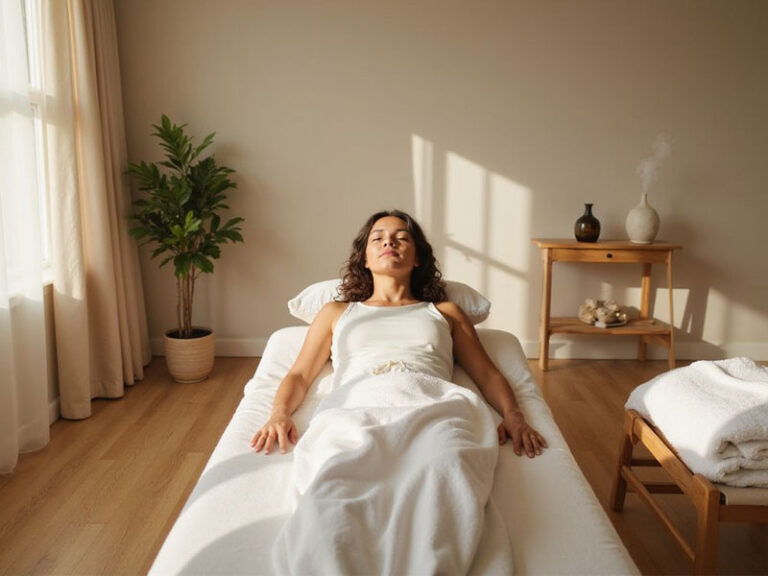 A woman lies on a massage table covered with a white sheet in a sunlit room with wooden floors, a potted plant, and a small table with decor in the background.