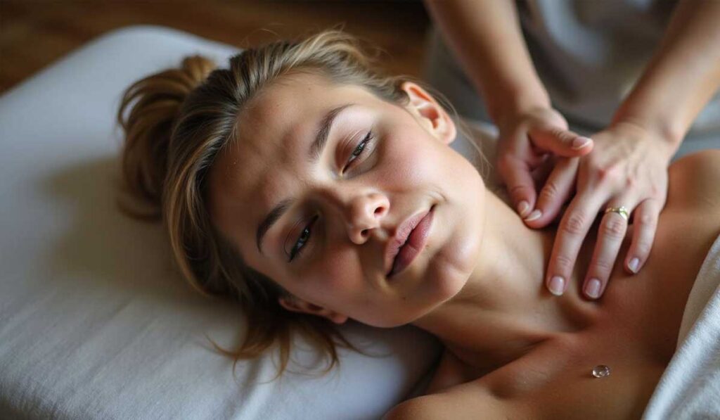A woman lying on a massage table receives a neck and shoulder massage from a person whose hands are visible.