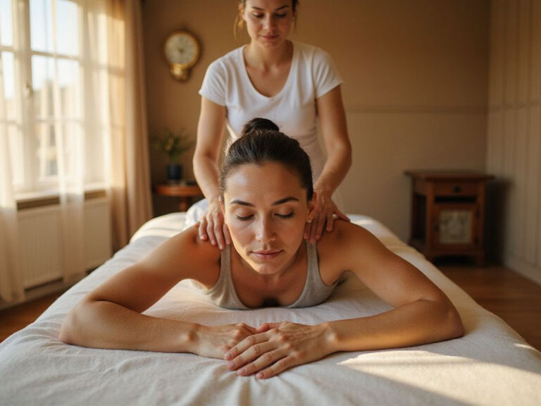 A woman receives a back massage from a therapist in a softly lit room with a window and a clock in the background.