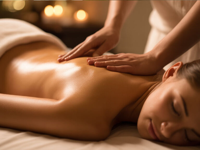 A person receives a back massage in a dimly lit spa setting, with candles blurred in the background creating a calming atmosphere.