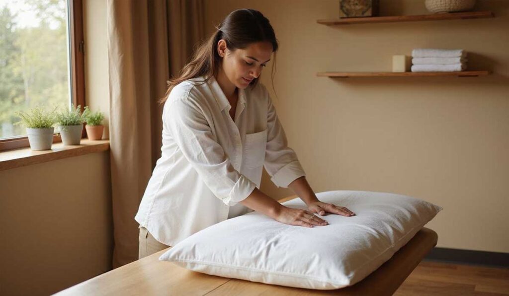 A massage therapist presses her hands on a white pillow placed on a wooden table in a softly lit room with potted plants and folded towels.