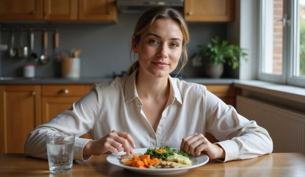 A woman sits at a kitchen table with a plate of food, including vegetables and a glass of water, in front of her.