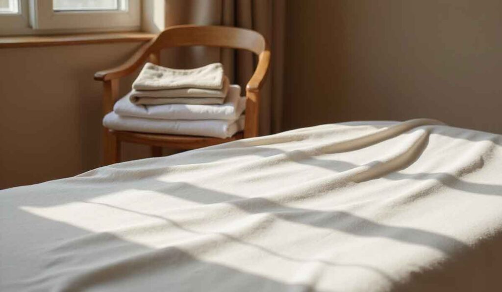 Sunlight falls across a neatly made bed with a white blanket; a wooden chair with folded towels sits in the background near a window.