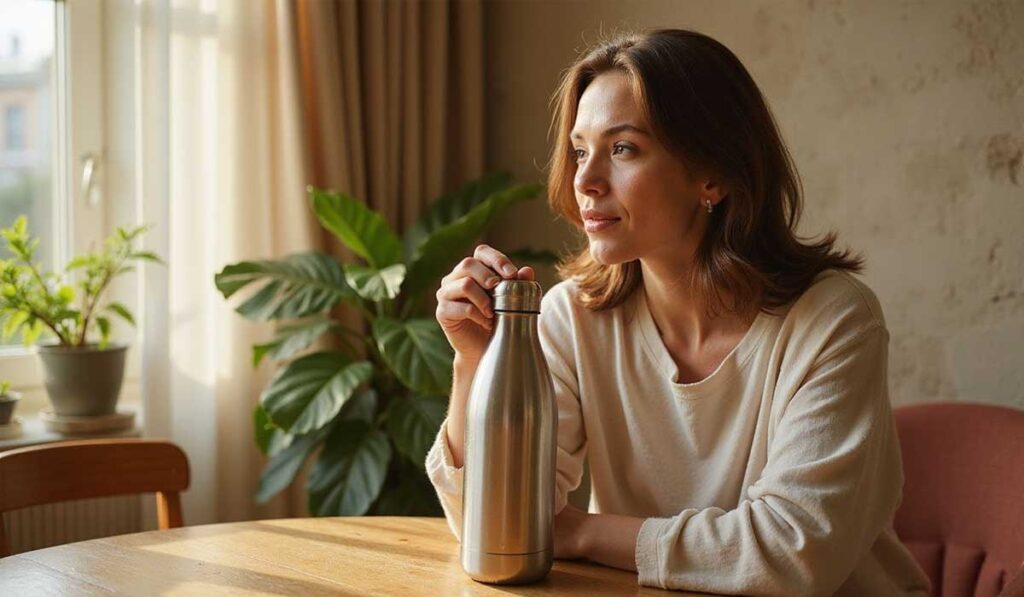 Woman sitting at a wooden table holding a stainless steel water bottle, looking out the window. Green plants and soft sunlight in the background.