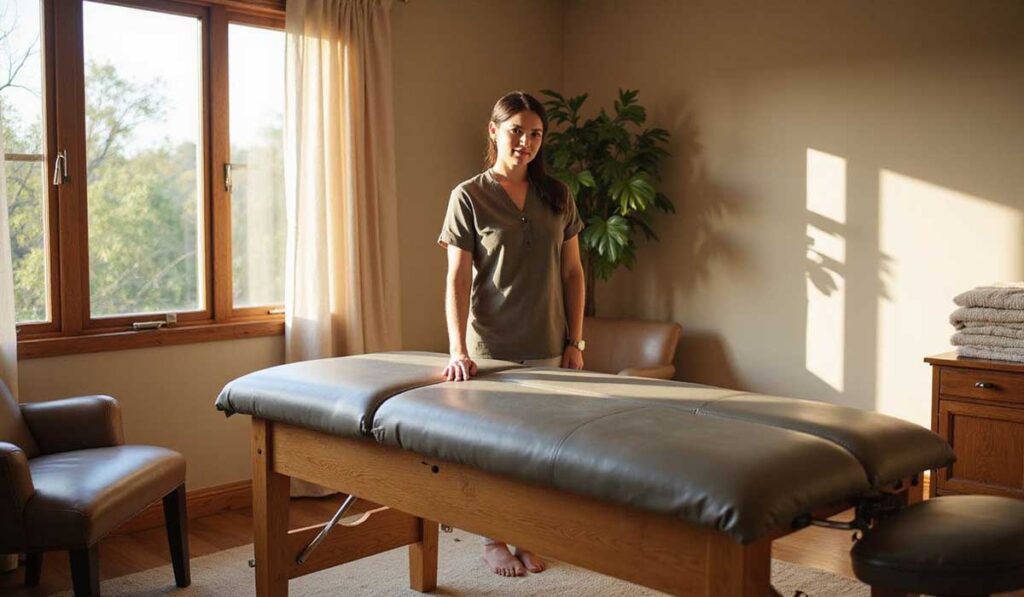 A woman stands beside a massage table in a sunlit room with large windows, potted plant, chairs, and stacked towels.