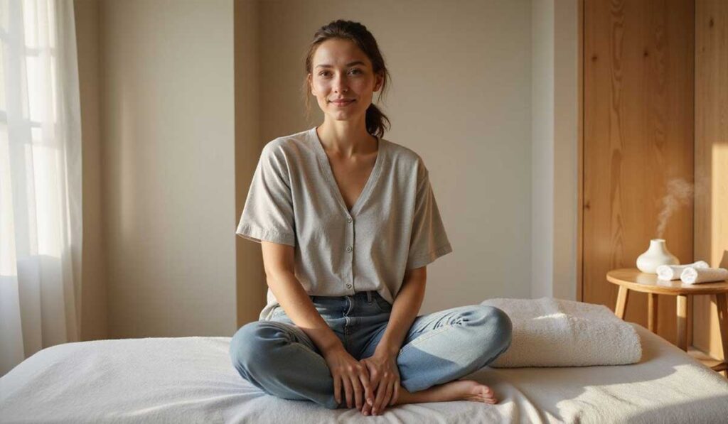 A woman sits cross-legged on a bed in a softly lit room, wearing a grey shirt and jeans, with towels and a diffuser on a small table nearby.