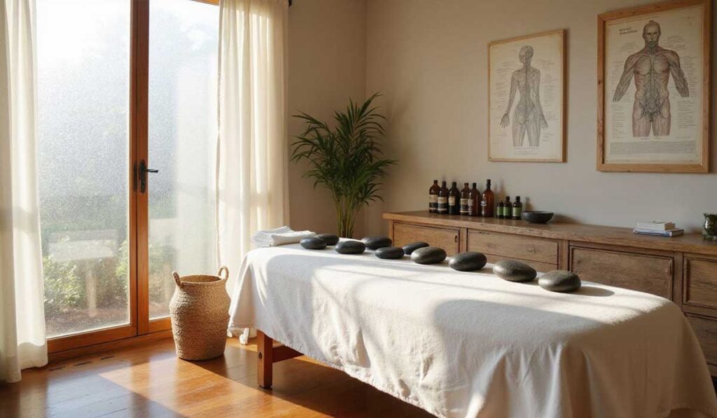 A massage room with a table set up for hot stone therapy, anatomical charts on the wall, bottles on a wooden cabinet, a plant, and sunlight streaming through sheer curtains.