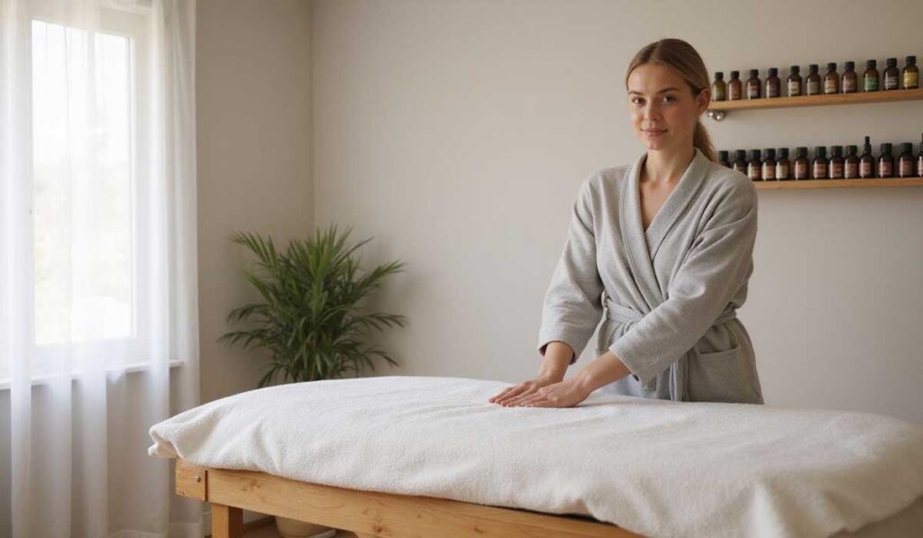 A woman in a gray robe stands beside a massage table with her hands on the sheet in a spa room with shelves of bottles and a plant.