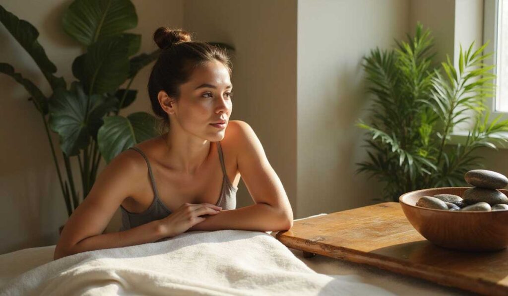 Woman sitting at a table covered with a white towel, looking out a window in a room with potted plants and a wooden bowl of stones.