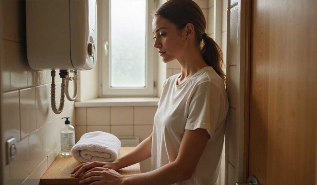 A woman in a white t-shirt stands in a tiled bathroom by a wooden counter with a folded white towel and a bottle of liquid soap.