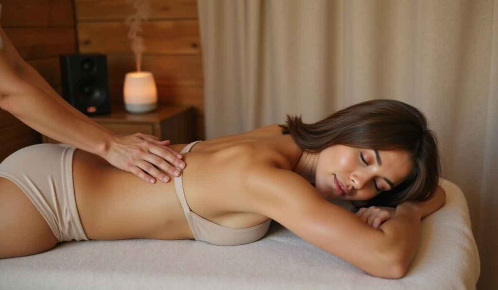 A woman lies on a massage table with her eyes closed while receiving a back massage in a spa setting.