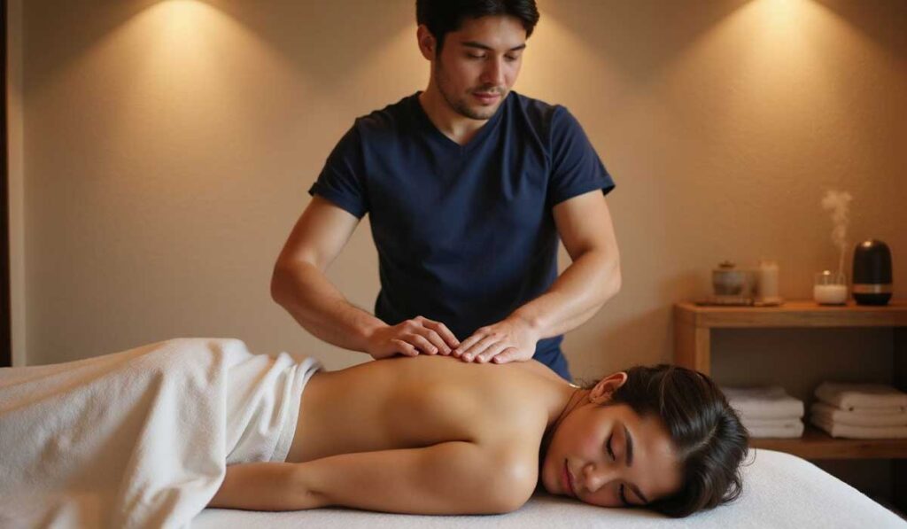 A man gives a back massage to a woman lying face down on a massage table in a softly lit spa room.