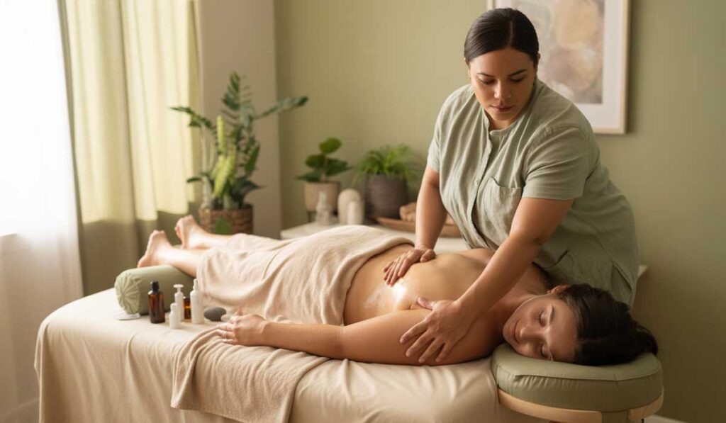 A massage therapist gives a back massage to a person lying face down on a table in a spa treatment room.