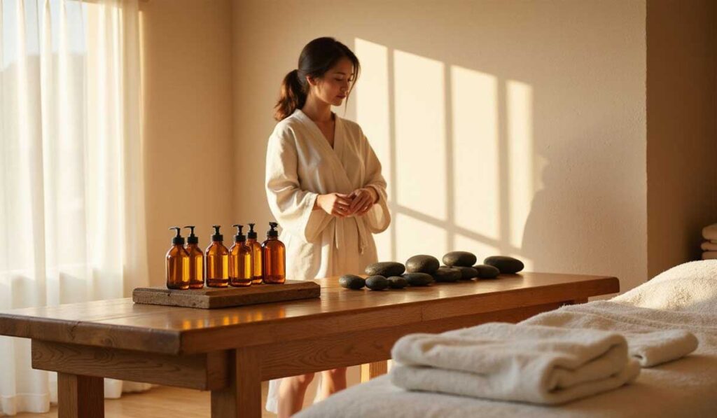A woman in a robe stands by a massage table with towels, black stones, and amber bottles in a bright, sunlit room.