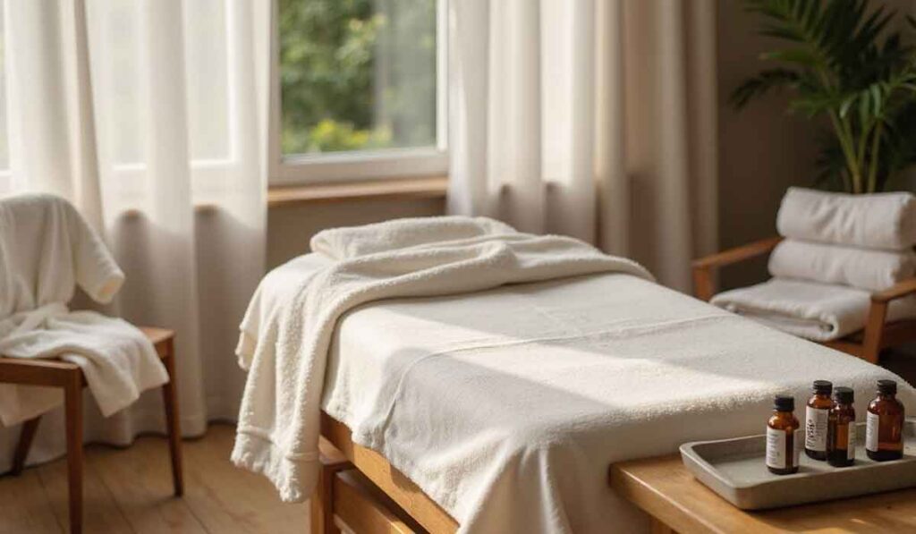 A massage table with white towels is set up in a bright room with two chairs, a potted plant, and small bottles of oil on a tray nearby.