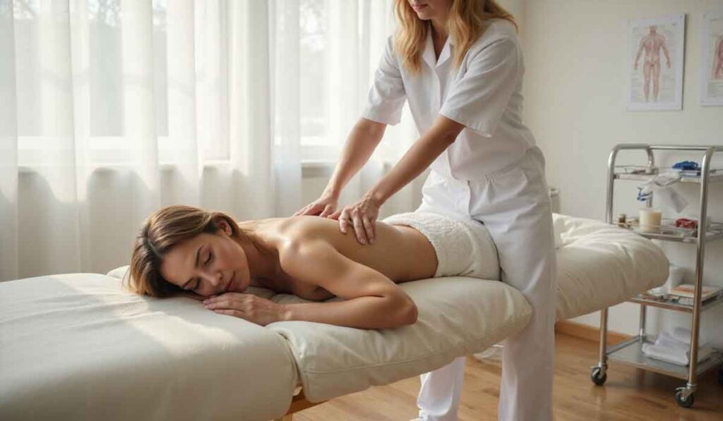 A woman lies face down on a massage table while a massage therapist in white uniform massages her upper back in a well-lit room.