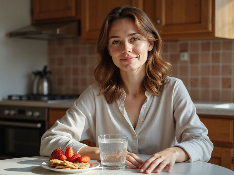 A woman sits at a kitchen table with a glass of water and a plate of strawberries and crackers in front of her.
