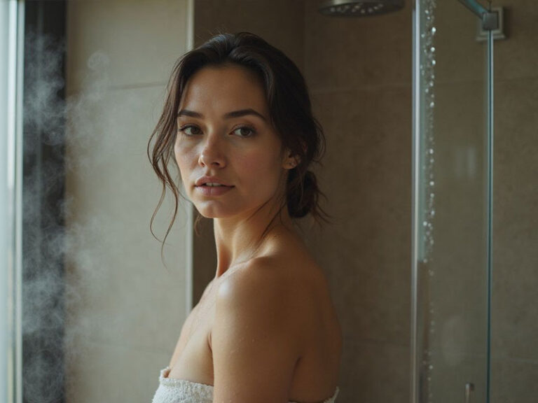 A woman with dark hair stands in a bathroom with steam visible, wrapped in a white towel, looking towards the camera.