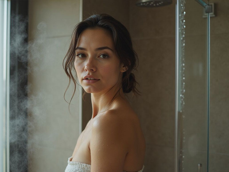 A woman with dark hair stands in a bathroom with steam visible, wrapped in a white towel, looking towards the camera.
