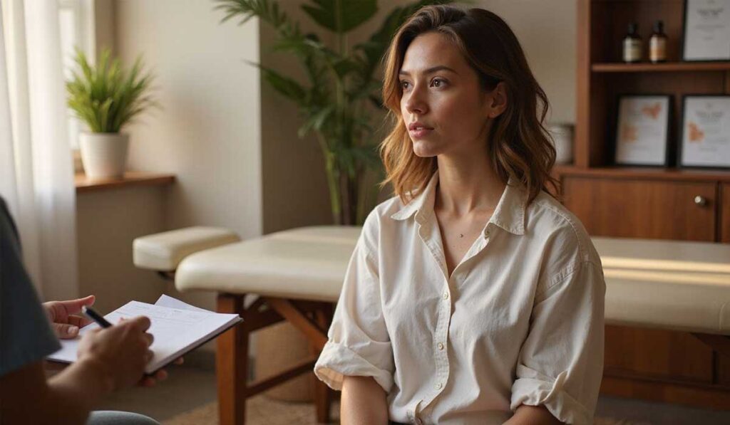 A woman sits attentively in a therapist's office while another person takes notes on a clipboard.