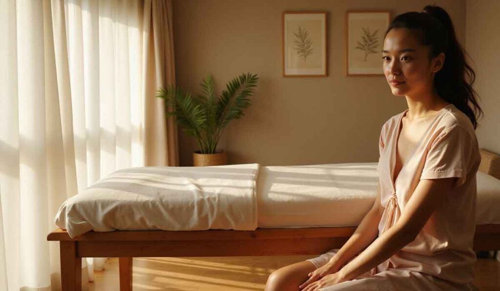 A woman in a light-colored robe sits on the edge of a massage table in a sunlit room with neutral décor and a potted plant.