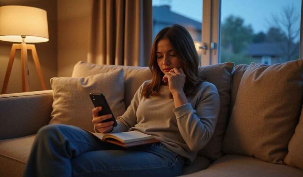 A woman sits on a couch in a dimly lit room, looking at her phone with a book open on her lap.