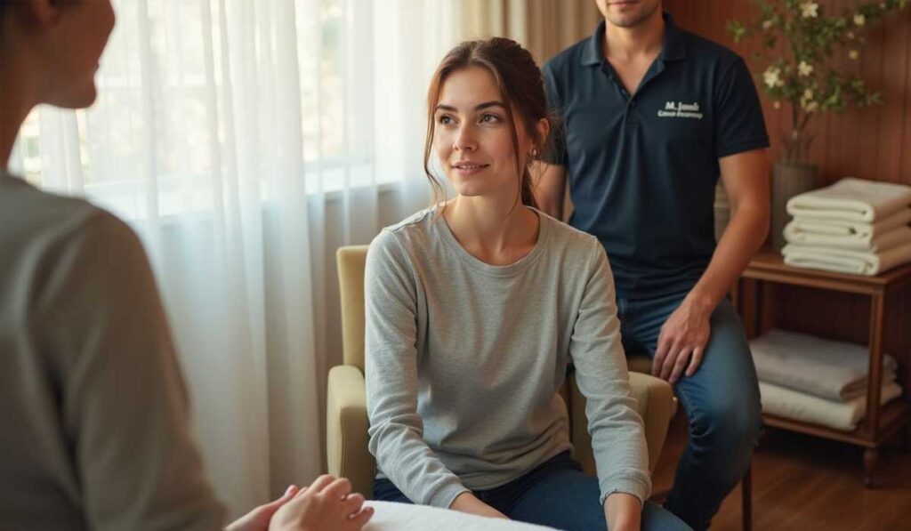 A woman sits and listens attentively to another person in a bright room, while a man in a navy shirt sits nearby. Folded towels and a plant are visible in the background.