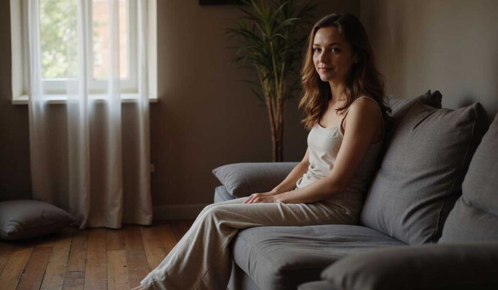 A woman in light-colored loungewear sits on a gray couch in a softly lit living room with wooden floors and a potted plant.