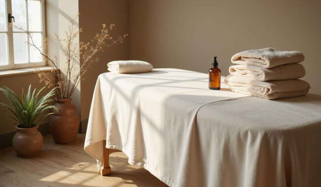 A massage table with beige linens, a folded towel, a brown bottle, and stacked towels, set in a sunlit room with potted plants and neutral walls.