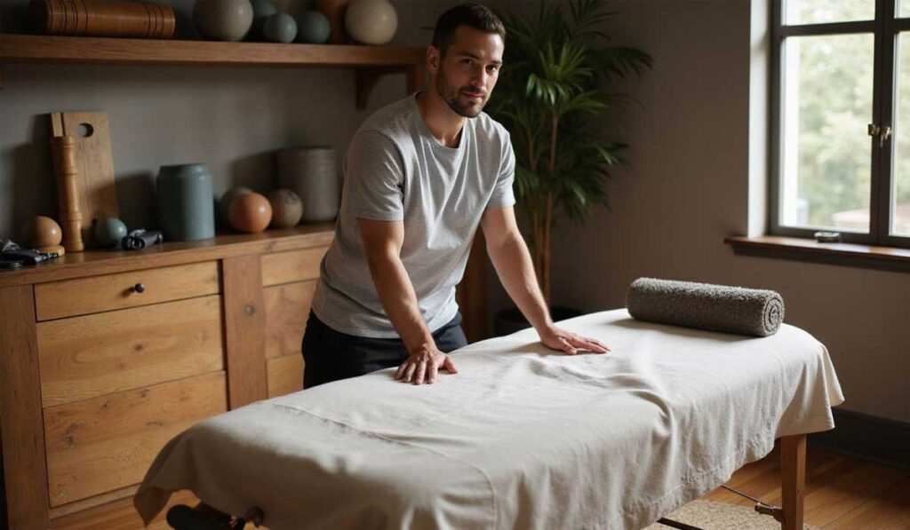 A man stands beside a massage table with a towel, in a room with wooden furniture and natural light from a window.