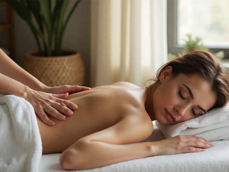 A woman lying face down on a massage table receives a back massage in a softly lit room with plants and curtains in the background.