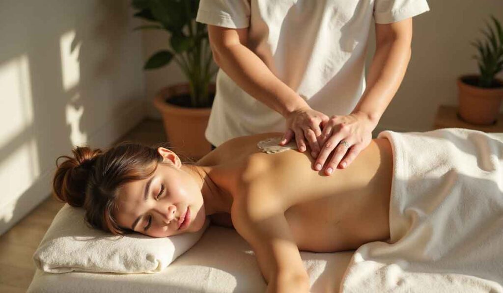 A person receives a back massage in a spa setting, lying face down on a massage table with a towel covering the lower body.