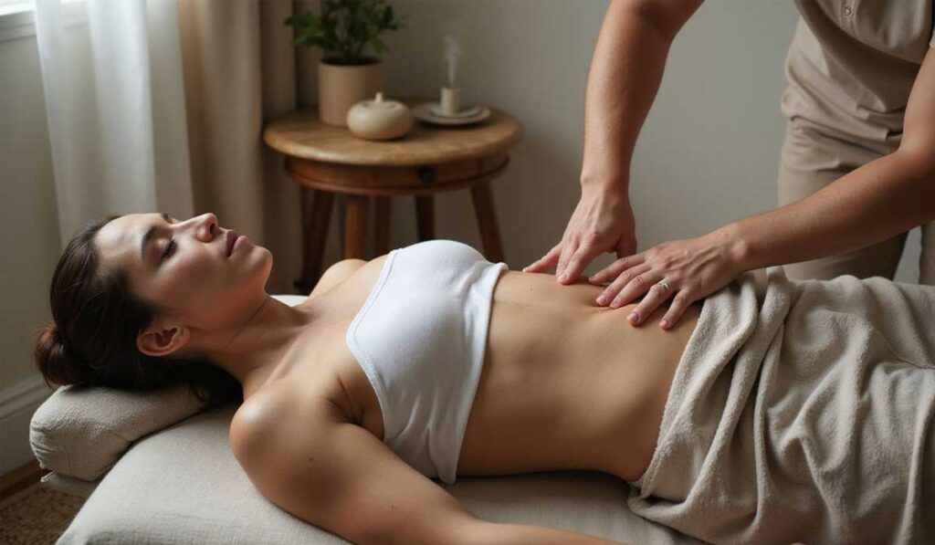 A person lying on a massage table receives an abdominal massage from another person in a calmly lit room.