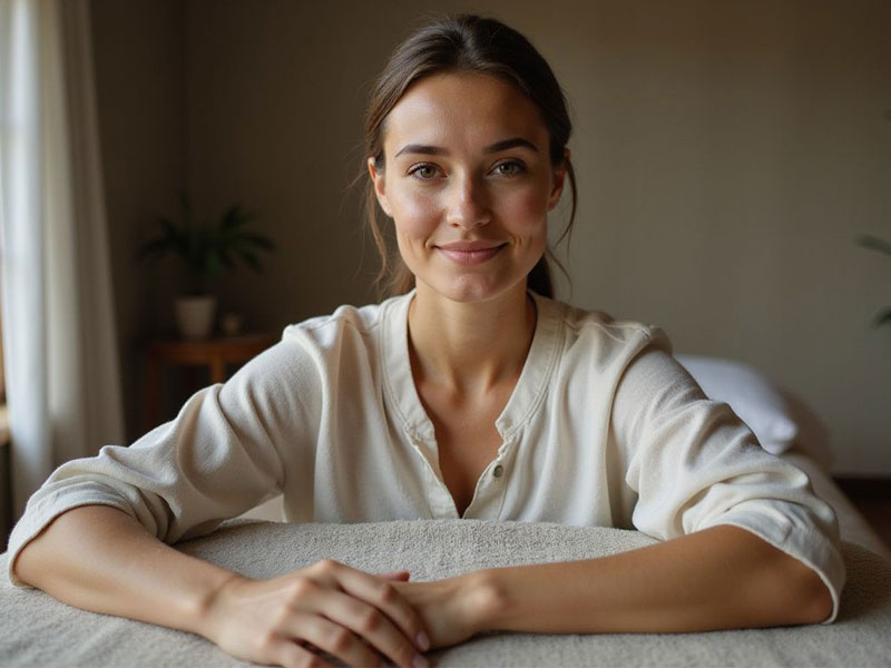 A woman with brown hair in a white shirt sits at a table indoors, smiling at the camera; a plant and window are in the background.