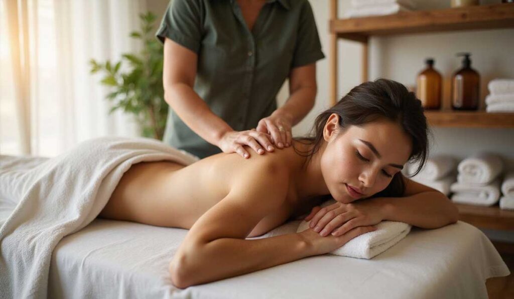 A woman lies face down on a massage table with a towel covering her lower body while a massage therapist massages her shoulders in a spa setting.