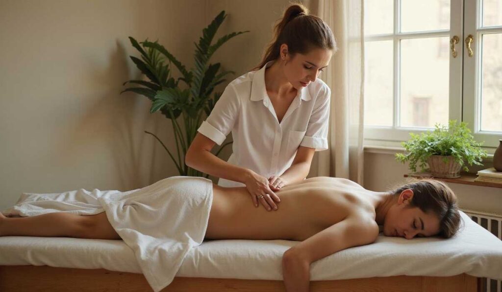 A massage therapist gives a back massage to a person lying face down on a table, covered with a white towel, in a well-lit room with plants.