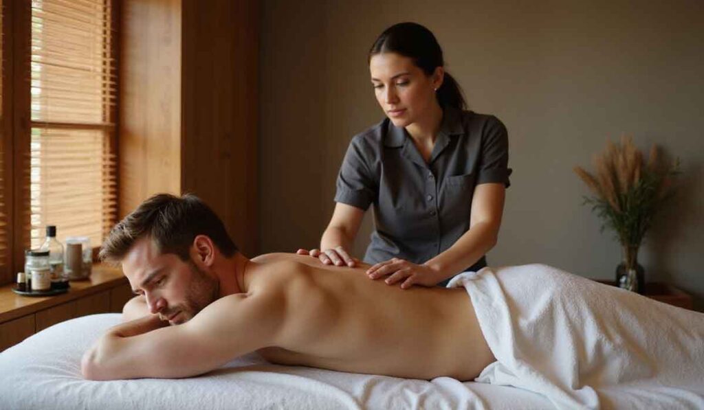 A massage therapist gives a back massage to a man lying face down on a massage table covered with a white towel in a softly lit room.