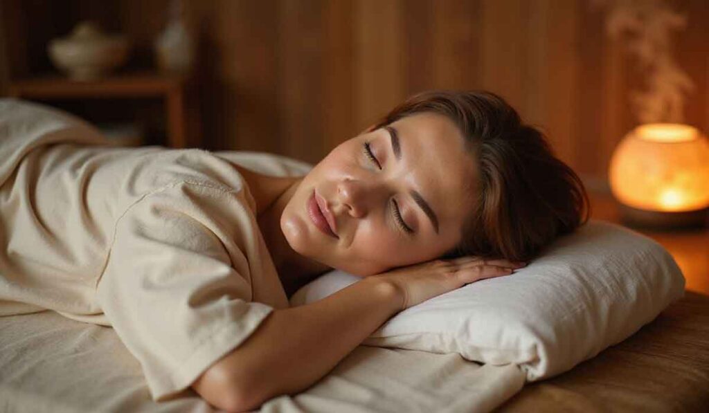 A woman lies on her side with her eyes closed, resting her head on a pillow in a softly lit room with warm, ambient lighting.