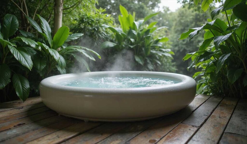 A round, white, inflatable hot tub with steaming water sits on a wooden deck surrounded by dense green plants and trees.